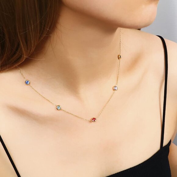 Dainty Gold Necklace for Women, Gold Plated Cubic Zirconia Drop Satellite Chain - Picture 4 of 7